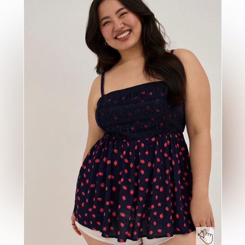 Torrid Navy Gauze Crochet Strawberries Babydoll Tank